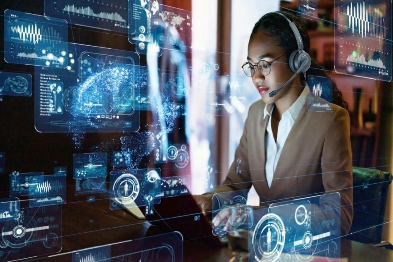 Call center rep wearing a headset, working alongside an AI training interface